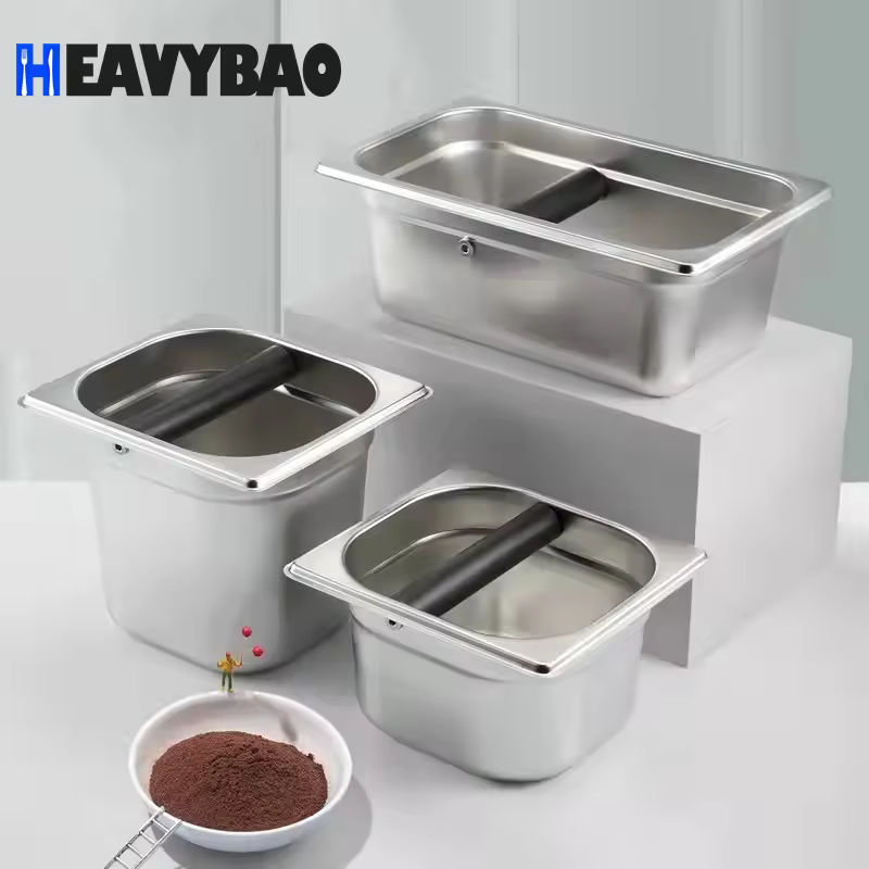 Heavybao Durable Wood Edge New Style Stainless Steel Coffee Residue Slag Pot Knock Box 1/6 GN Pan