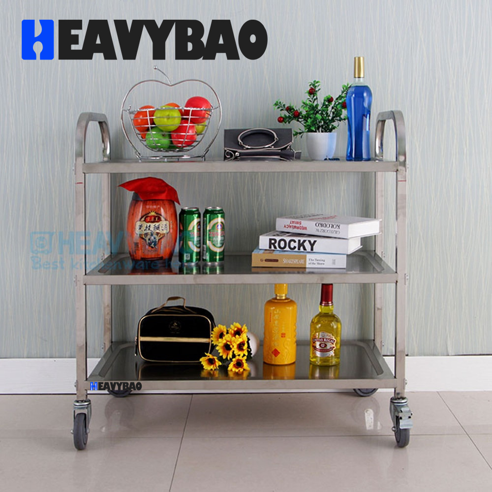 Heavybao Hotel Stainless Steel Square Tube Utility Storage Cart Commercial Food Serving Cart Hand Push Trolley