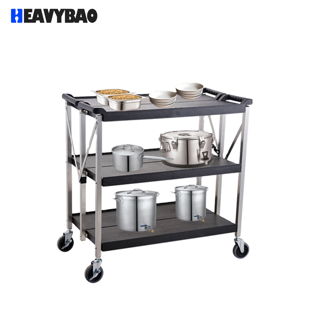 Heavybao New Design 3-Tier Plastic Folding Trolley Cart With Stainless Steel Square Tube And TPR Wheels For Sale