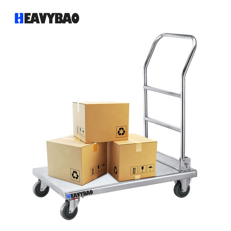 Heavybao Commercial Hotel Industrial Equipment Stainless Steel Folding Transport Platform Cart Hand Transfer Trolley With Wheels