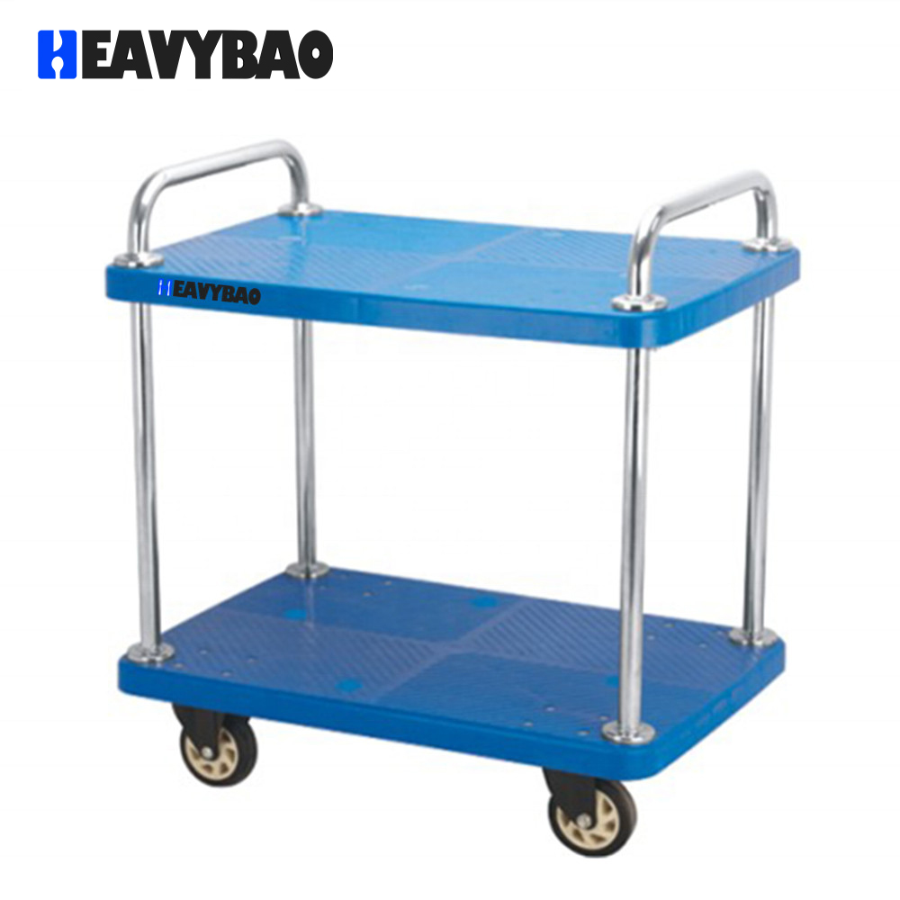 Heavybao Heavy Duty Stainless Steel Plastic 2 Tier Platform Trolley For Industry Transportation Hand Cart Transfer Trolley