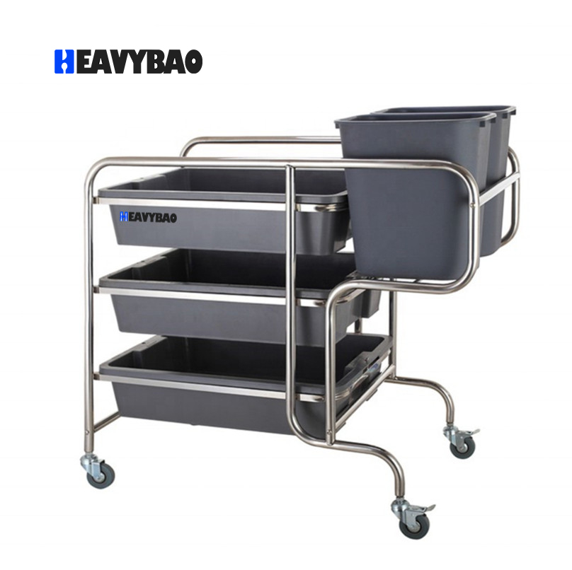Heavybao Stainless Steel Catering Hotel Kitchen Restaurant Dish Round Tube Collecting Trolley Plastic Container Hand Trolley