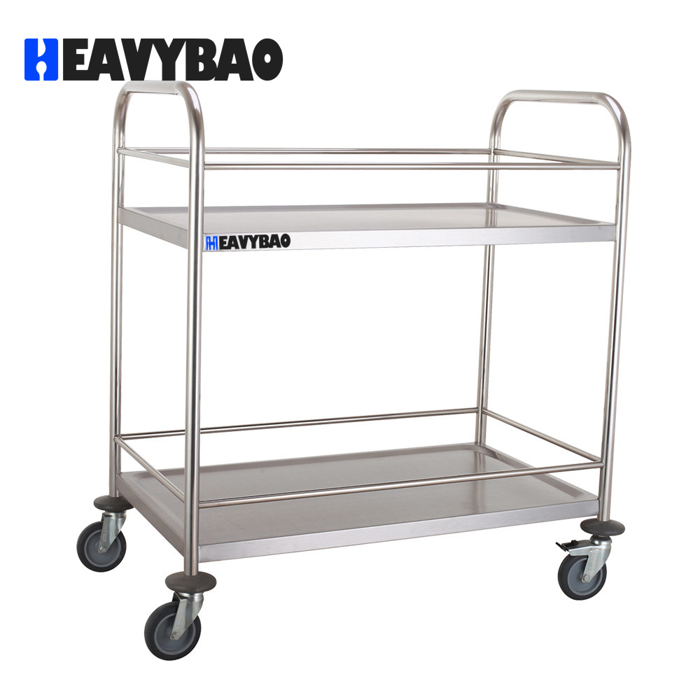 Heavybao 2 Tiers Stainless Steel Beverage Trolley For Hotel Food Serving Cart With Wheel For Hotel Restaurant Transfer