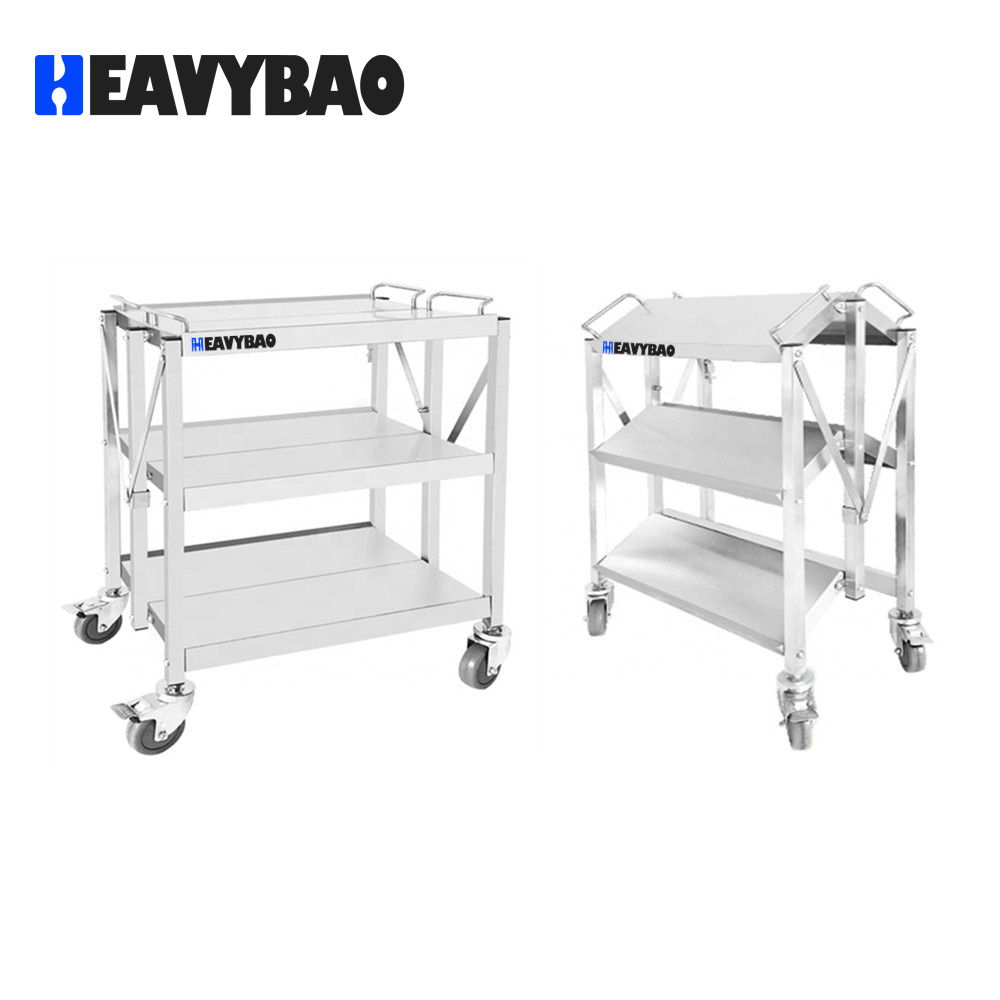 Heavybao Hotel Equipment Kitchen Serving Folding Trolley Stainless Steel Food Carts Restaurant Hotel Hand Push Trolley Cart