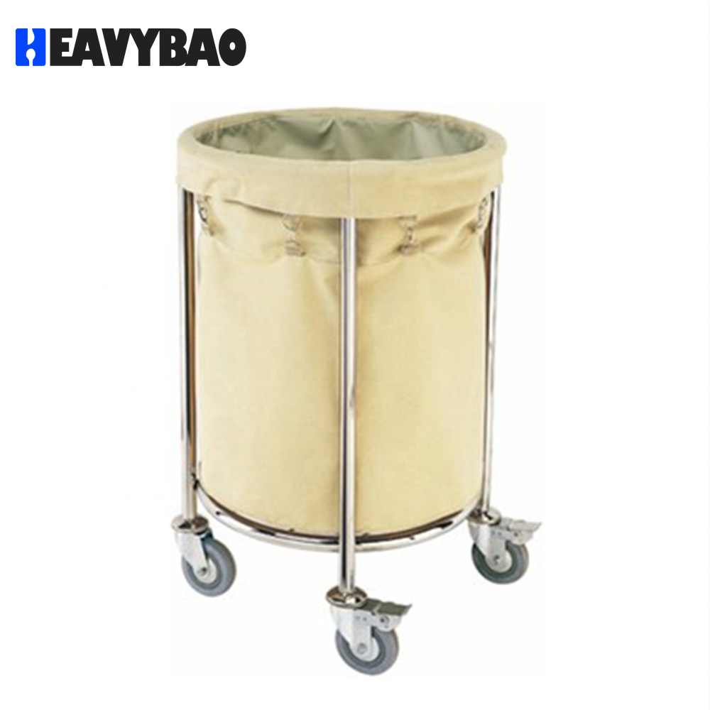 Heavybao Stainless Steel Round Laundry Trolley With Welding For Storage Room Service Cleaning Trolley For Hotel