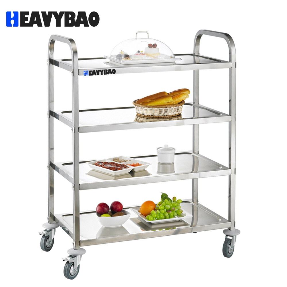 Heavybao 4-Tier Square Tube Removal Kitchen Banquet Serving Carts Stainless Steel Food Serving Trolley Room Service Trolley