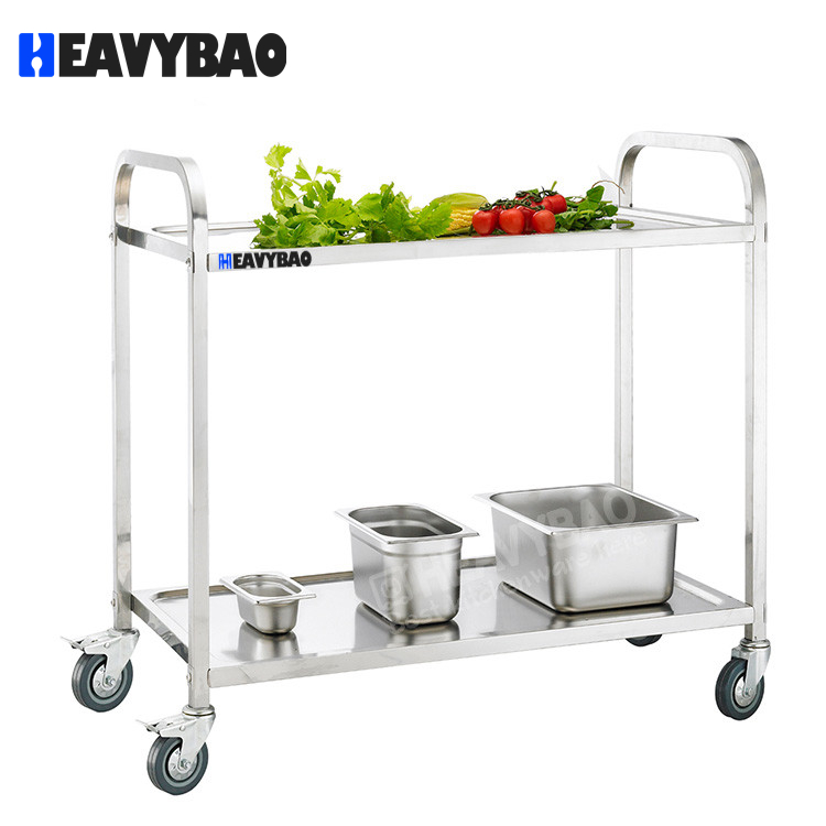 Heavybao Commercial Restaurant Stainless Steel 2-Tier Square Tube Serving Trolley Food Serving Cart Transfer Trolley