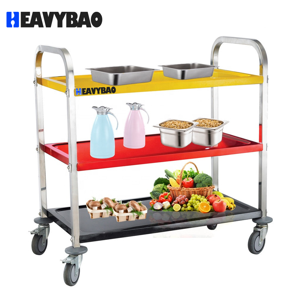 Heavybao Stainless Steel Restaurant Four Wheel Serving Hand Trolley Cart Heavy Duty Trolleys Transfer Hand Trolley Cart
