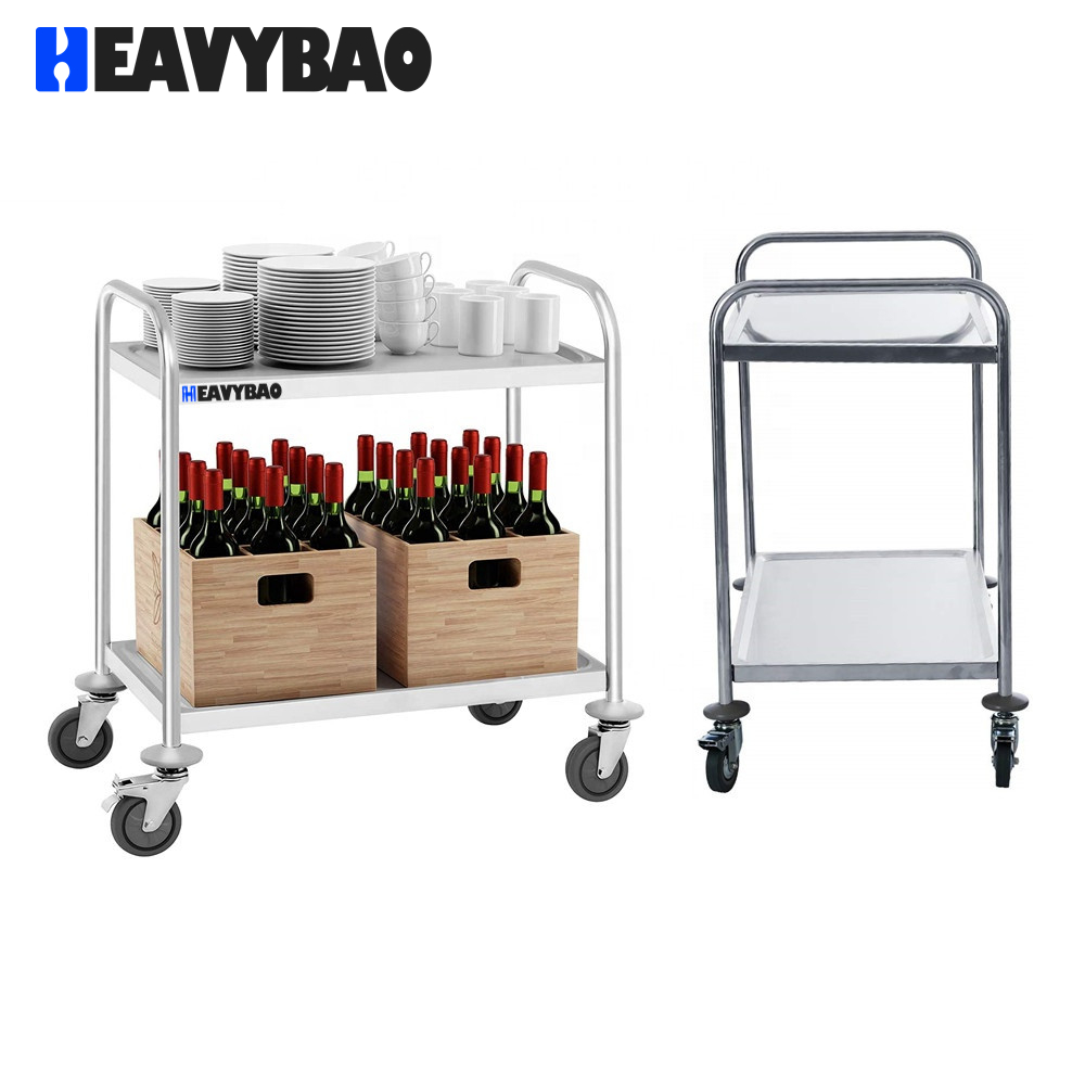 Heavybao 2-Tiers Stainless Steel Serving Trolley Without Handles Kitchen Work Table Cart Hot Food Trolley Food Serving Trolley