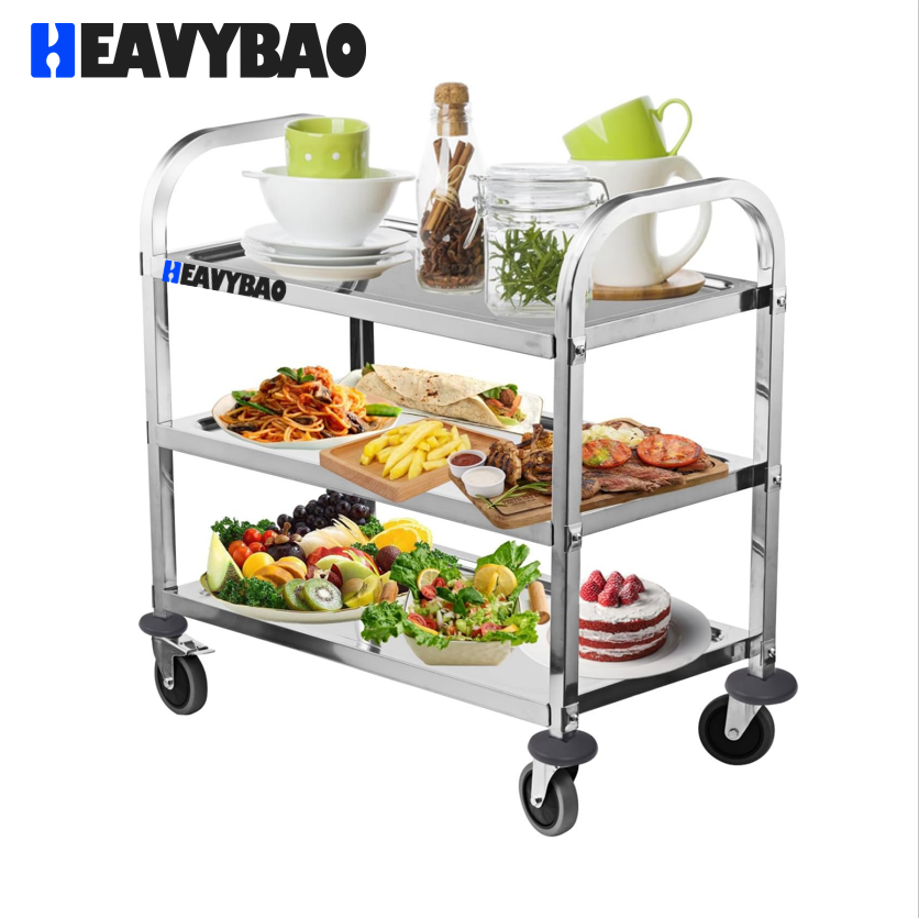 Heavybao Stainless Steel Square Tube Utility Storage Cart Commercial Grade Serving Cart Hand Push Trolley