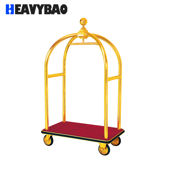 Heavybao Stainless Steel Birdcage Trolleys Bellman Cart Golden Serving Cart Hotel Travel Box Suitcase Trolley Luggage Bag