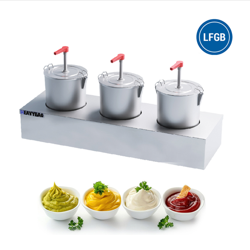 Heavybao Commercial Catering Stainless Steel 3-Bucket Ketchup Dispenser Table Top Multi-Condiment Pump Sauce Restaurants Hotels