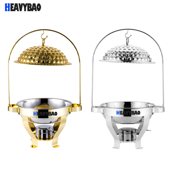 Heavybao Gold Round Hanging Food Warmer Stainless Steel Chafing Dish Buffet Set Food Beverage With Lid Holder