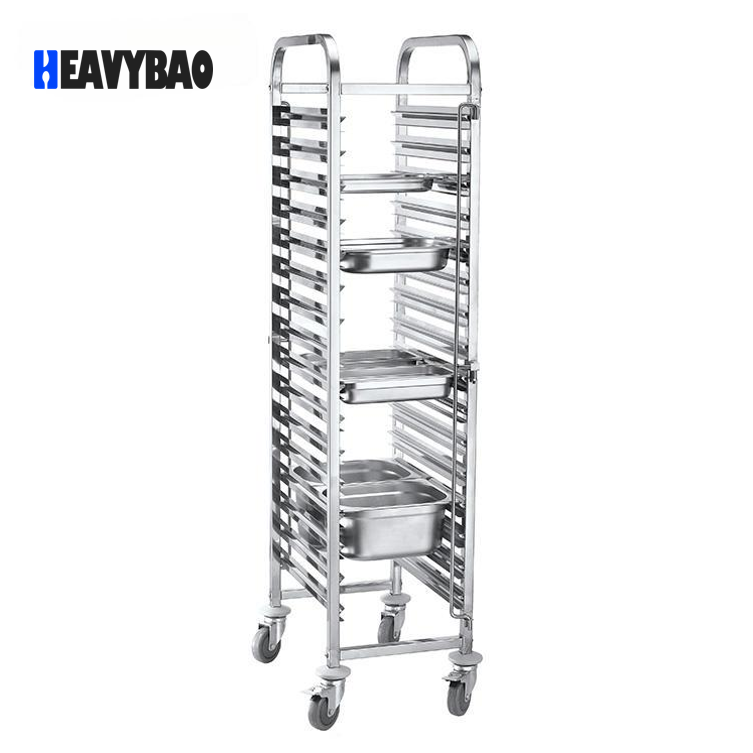 Heavybao 15-Tier Stainless Steel Baking Rack Trolley 1/1 GN Food Pan Holder for Hotels and Restaurants