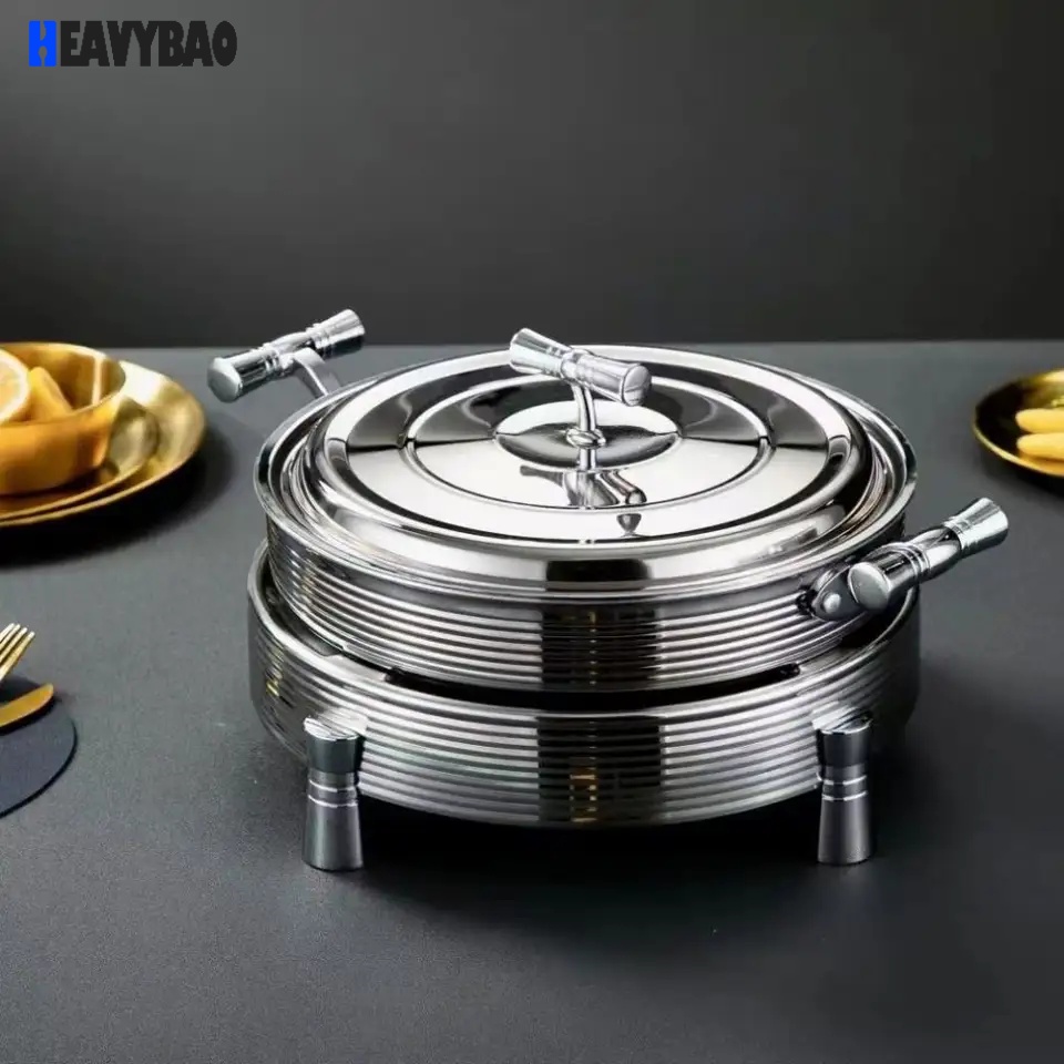Heavybao Round Stainless Steel Chafing Dish Buffet Equipment Hot Pot Alcohol Stove Food Warmer for Hotel Restaurant Catering
