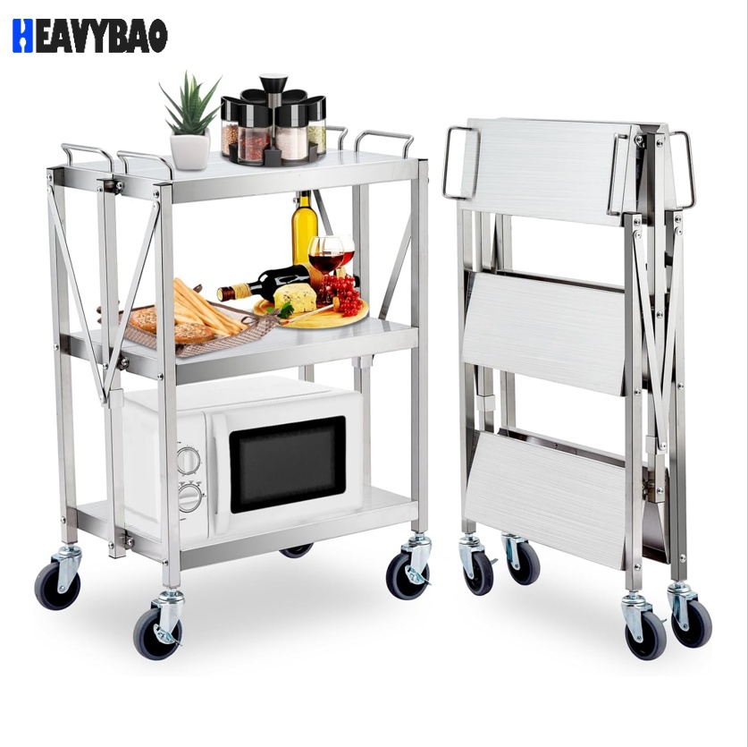Heavybao Commercial Stainless Steel Foldable Food Serving Trolley Cart for Hotel Restaurant Kitchen Use