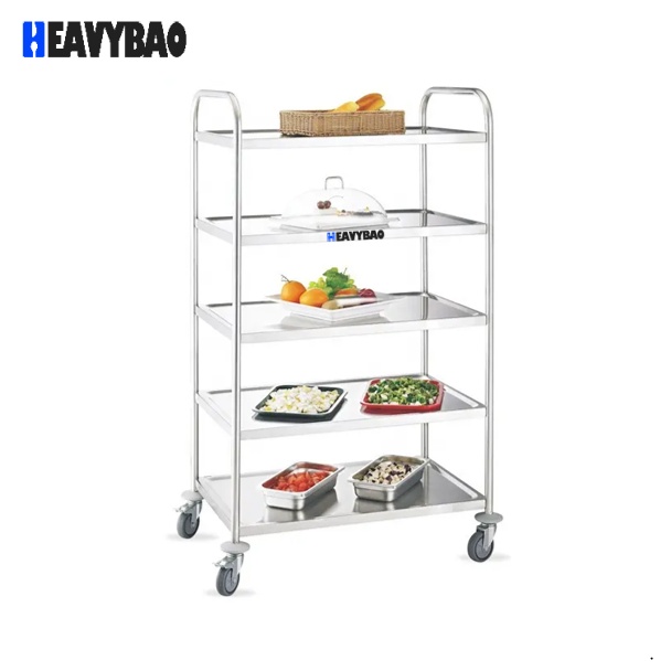 Heavybao 5-tiers Stainless Steel Round Tube Serving Trolley Cart Buffet Use Modern Design Hotel Trolley