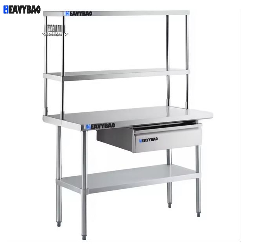 Heavybao Stainless Steel Commercial Work Table With Undershelf And Overshelf Drawer Pot Rack And Bun Pan Rack