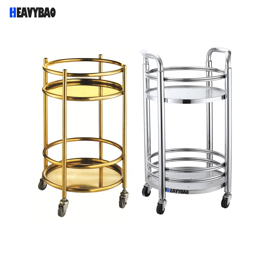 Heavybao Hotel Restaurant Stainless Steel Silver Round Service Liquor Trolley For Wine Golden Wine Serving Cart Hand Trolley