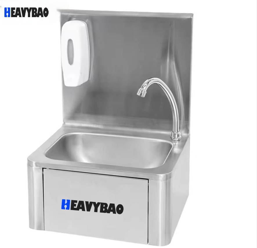 Wall Mounted Silver knee push operated hand wash sink basin with soap dispenser for commercial kitchen and hospital