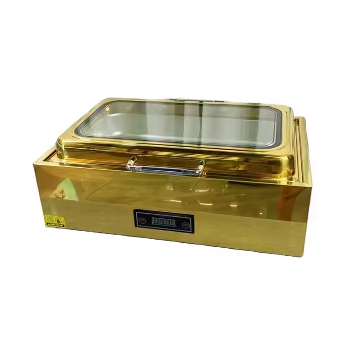 Heavybao 9L Stainless Steel Chafing Dish Set With Gold Rimmed Glass Lid Modern Style Buffet Display Food Warmer Gold Finish