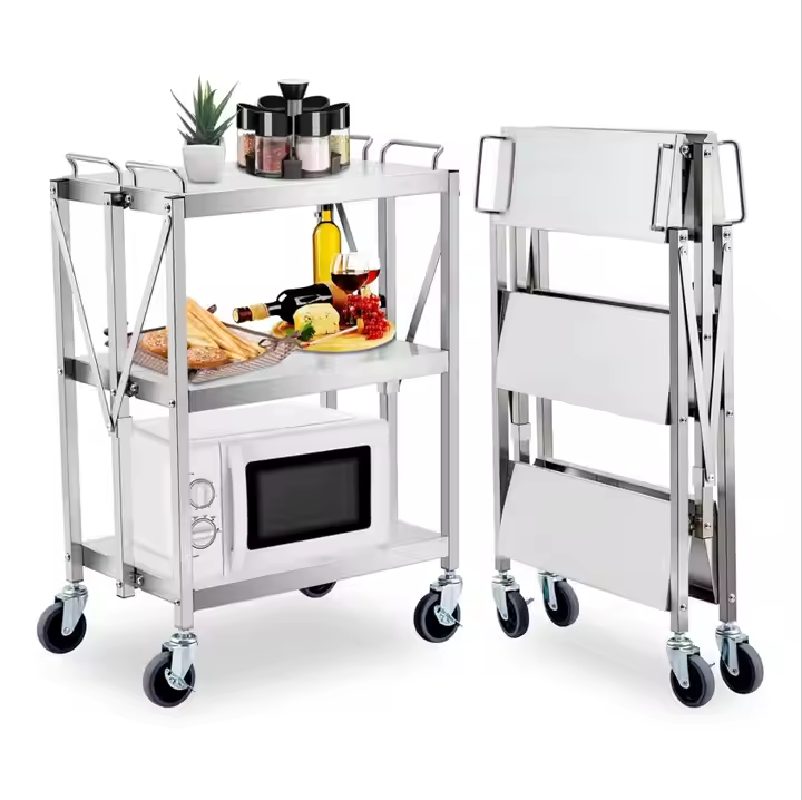 Commercial Stainless Steel Foldable Food Serving Trolley Cart for Hotel Restaurant Kitchen Use Durable Plastic Material
